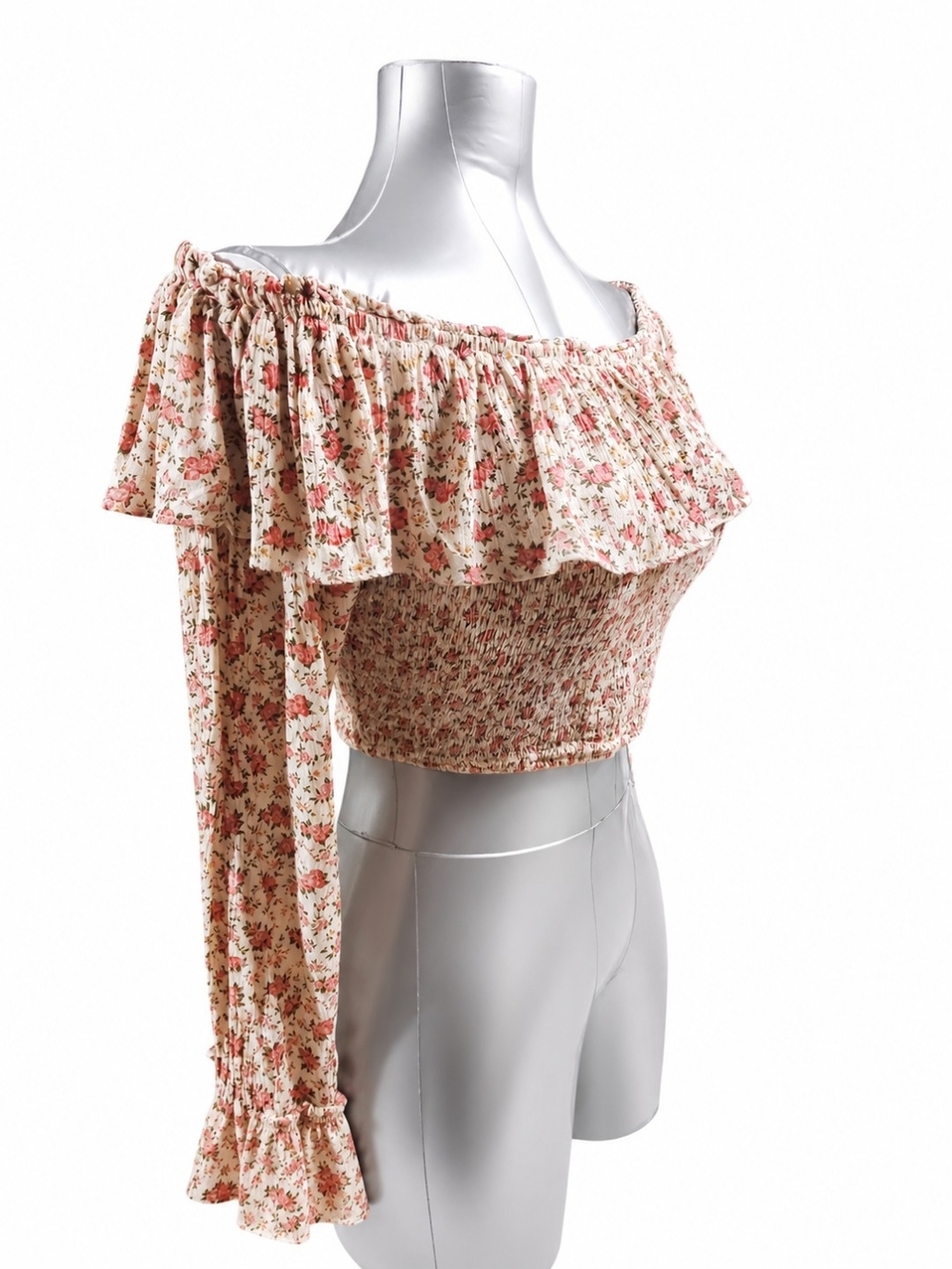 Urban Outfitters Kimchi Blue Floral Off Shoulder Smocked Crop Top Large - Picture 5 of 7